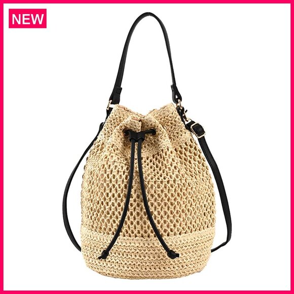 Handbags - Straw Bucket Bag Woven Crossbody Hobo Drawstring Purse Beach Handbag